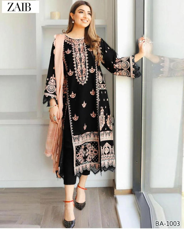 Zaib BA-1003 – Black Dhanak Embroidered 3-Piece Suit with Bamber Dupatta