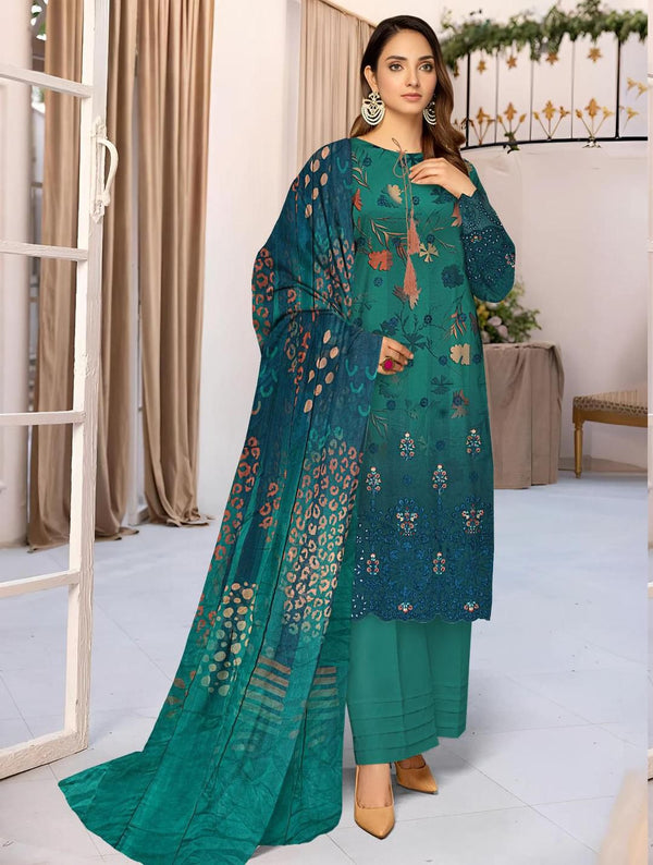 Elegant Turquoise Embroidered Linen Suit with Chikankari Sleeves