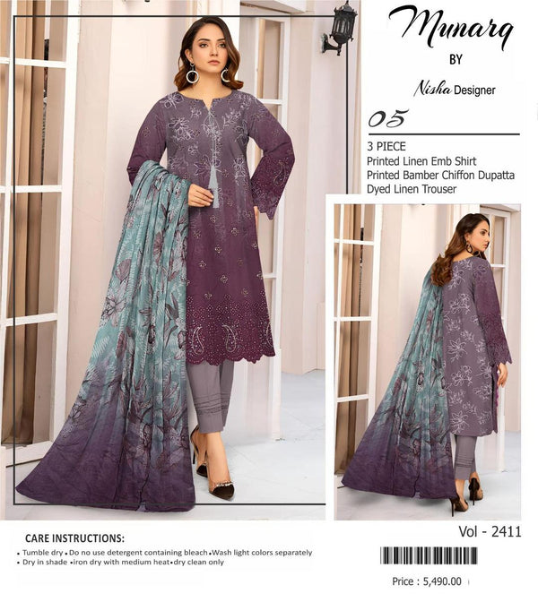 3 Pcs Women's Unstitched Elegant Purple Linen Suit with Chikankari Embroidered Accents