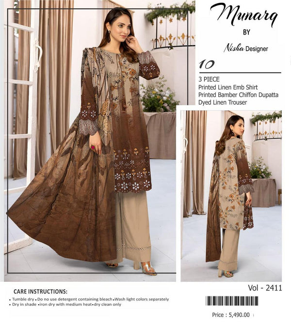 3 Pcs Women's Unstitched Exquisite Brown Linen Suit with Embroidered Chikankari Design